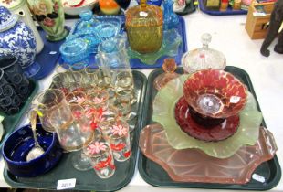 A group of decorative glassware, to include coloured glass part dressing table sets, dish and cover,