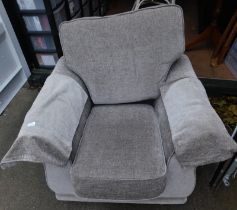 An armchair, upholstered in grey fabric, 96cm wide.