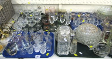 Glassware, to include coupe glasses, coloured glass, moulded glass decanter, fruit bowl, liqueur gla