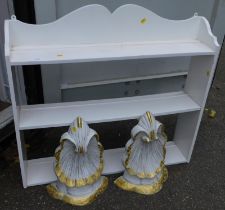 A painted hanging wall shelf, of three shelves, 81cm high, together with two painted shell carved wa