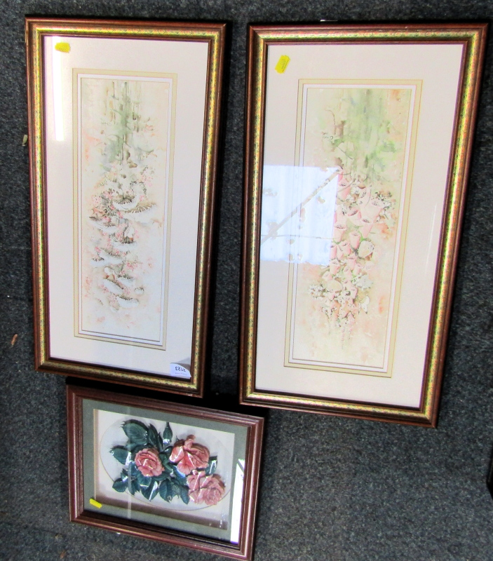 C E Webb. Floral studies, watercolours, signed, pair, 43cm x 13cm, together with After Elizabeth Gil