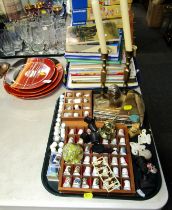 A group of Africa stoneware plates, together with porcelain thimbles, pair of glass candlesticks, gl