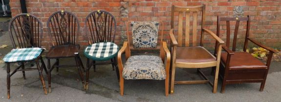 Various chairs, to include two wheelback chairs, commode chair, open armchair, etc.