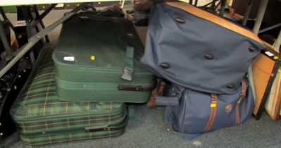 Various suitcases, some containing linen, together with Wisbech Growers pine vegetable crate, plant