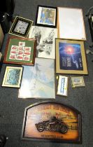 Various pictures, prints, etc., to include a carved wooden Harley Davidson sign, of arched form, 40c