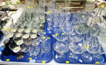 Various glassware, drinking glasses, decanter, coupe glasses, etc. (5 trays)