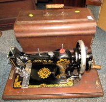 A cased Jones sewing machine.