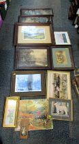 Various pictures, prints, etc., to include photographic family portrait of figures in Edwardian dres