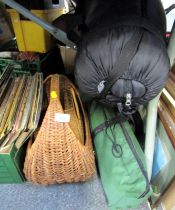 Wicker baskets, together with sleeping bag, etc. (a quantity)