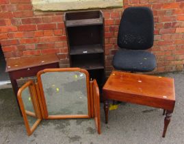 A group of furniture, to include office chair, oak open bookcase, mahogany commode, etc.