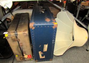 Two mid century suitcases, together with a lamp shade. (3)