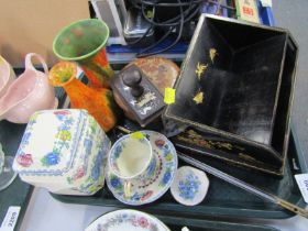 An Oriental lacquered desk stand, 20cm wide, together with a blotter, Masons Regency pattern wares,