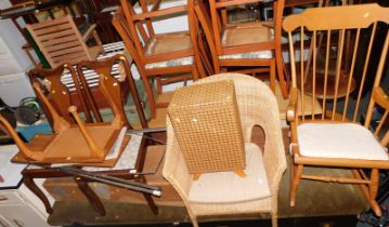 A group of furniture, to include two mahogany Queen Anne style dining chairs, a wicker armchair, bee