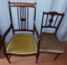 A late Victorian/early Edwardian mahogany and box wood inlaid bedroom chair, together with an Edward