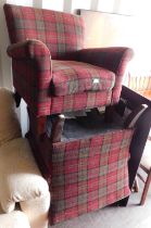 Three armchairs upholstered in tartan fabric, 72cm wide.