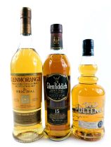 Three bottles of single malt scotch whisky, comprising oak aged twelve years, 70cl bottle, Glenfiddi