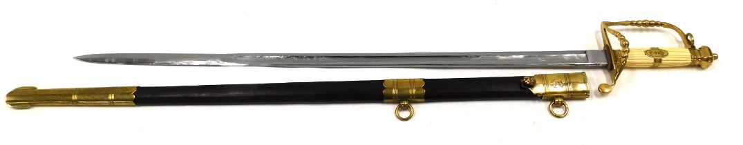A reproduction Naval dress sword, marked by Richard Teed of The Strand, plain blade, brass guard, an