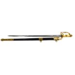 A reproduction Naval dress sword, marked by Richard Teed of The Strand, plain blade, brass guard, an