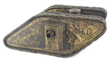 A WWI prisoner of war brass, copper and plated model of a tank, engraved to the side 283 POW COY,EPE