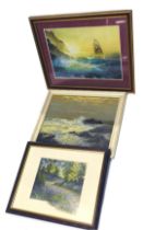 V.R. Bradbury. Coastal scene, oil on board, 34cm x 44cm, watercolour signed Lewis Jeacock, and an em