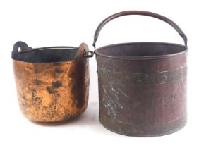 A copper and brass coal bucket, with loop handle and another similar rustic example, 29cm and 25cm d