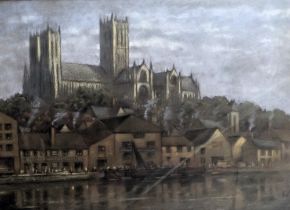 K.V. (20thC). Lincoln Cathedral from the Brayford Pool, pastel, initialled, 26.5cm x 36.5cm.