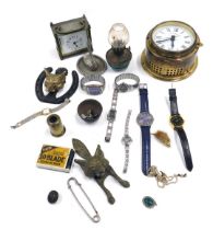 Miscellaneous items, to include two fox mask door knockers, a reproduction brass ship's clock, recta