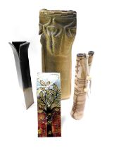 Four items of studio pottery, comprising a tall stemmed vase, unsigned, Art Glass tree of life mante