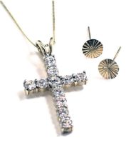 A 9ct gold crucifix pendant and chain, the crucifix set with CZ stones, 3cm high, on fine link neck