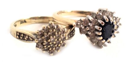Two dress rings, comprising a blue and white stone cluster ring, yellow metal stamped 9kt, and a dia
