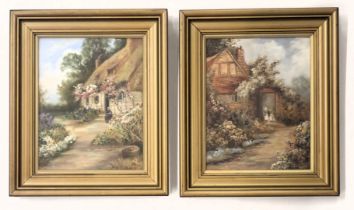 H. Dupont. Figures in country cottage floral gardens, oil on board - pair, signed, 23cm x 18cm.