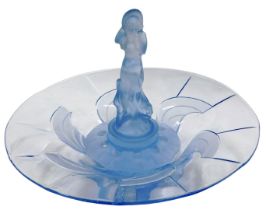 An Art Deco blue and clear glass centrepiece, with associated figurine, 30cm diameter.