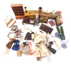 A quantity of doll's house furniture, small costume dolls, etc. (2 trays)