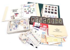Philately and Deltiology. A group of loose postally worn stamps, a cigarette card album of cricket p