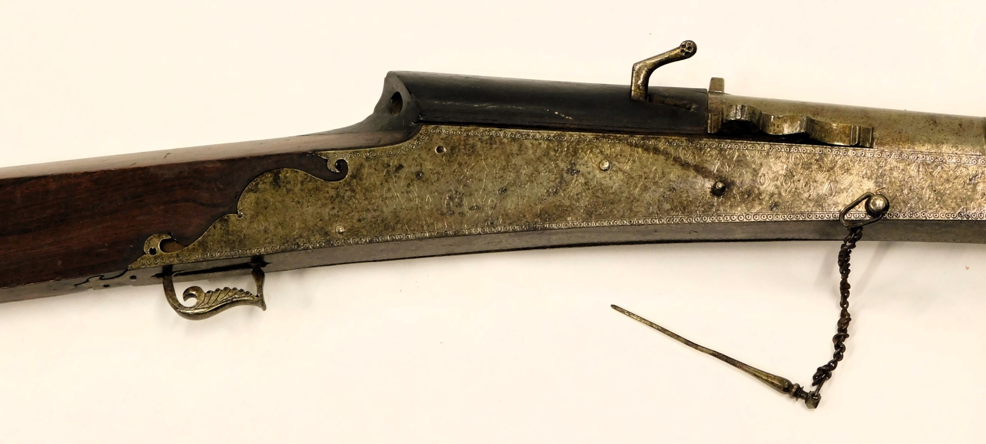 A 19thC Indian matchlock musket, with slightly flared muzzle, ram rod and leather sling, the barrel - Image 2 of 4