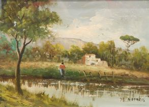 De Notaris. Figure in river landscape, oil, signed, 27cm x 35cm.