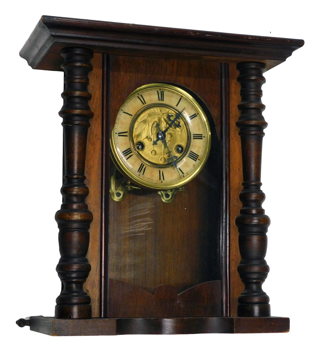 An early 20thC Vienna style wall clock in walnut case, with papered dial, 43cm high. (AF)