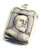 A silver plated novelty vesta case, cast with the bust of Edward VII.