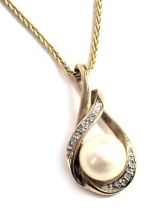 A 9ct gold pendant and chain, the pendant of crossover design, set with cultured pearl and tiny diam