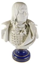 A late 19thC Sevres bisque porcelain bust of General Marceau, modelled wearing uniform on a cobalt