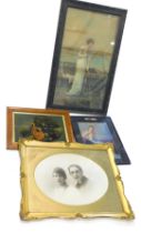 A print on glass titled The Garden, in maple frame, double photographic portrait in gilt frame, prin