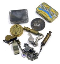 A quantity of whistles, to include of Great Northern Railway brass example, The Acme Thunderer, comm