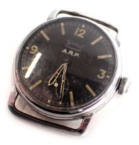 A Services Transport ARP wristwatch, with a blackened face and yellow painted numeric and baton bord