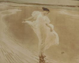 After William Henry Margetson. Cushion of the Sea Hath Its Pearls, coloured artist signed sepia prin