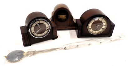 Three oak cased mantel clock cases, Smiths and others, pendulums, clock case movement. (AF)