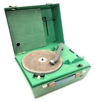 A National Library Service portable record player, model A-79 serial number 27449, in green carry ca