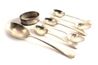 A collection of small silver spoons and a napkin ring, 4.21oz.