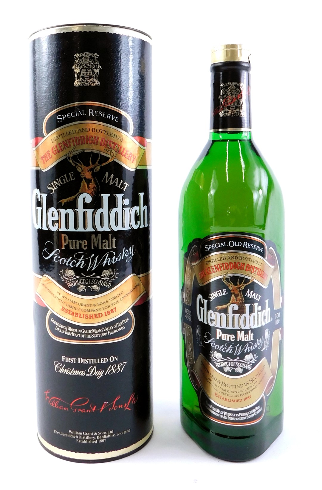 A Glenfiddich Single Malt Scotch Whisky, 1ltr bottle in cardboard tube.