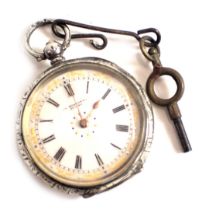 A 19thC French fob watch, with white enamel dial with gilded border and gem set, inscribed La Mignon