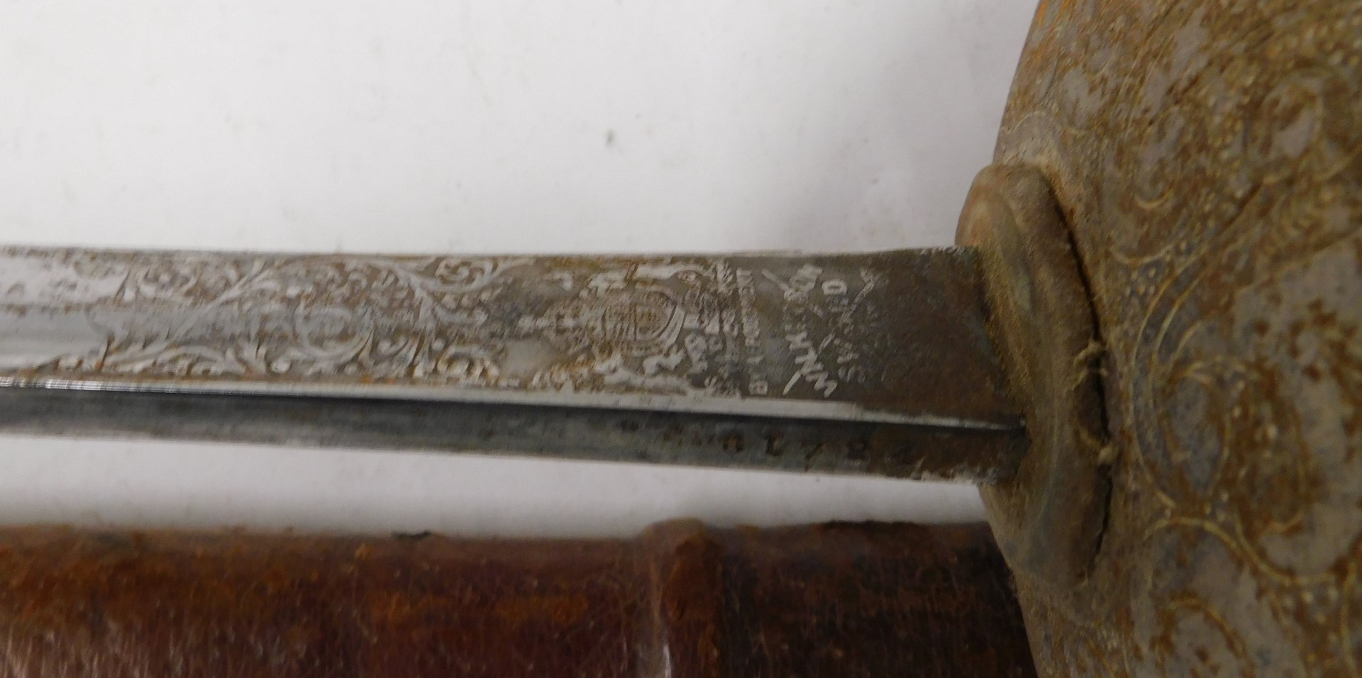 A George V dress sword, engraved Wilkinson blade, numbered 61794, engraved guard and bound shark ski - Image 5 of 5